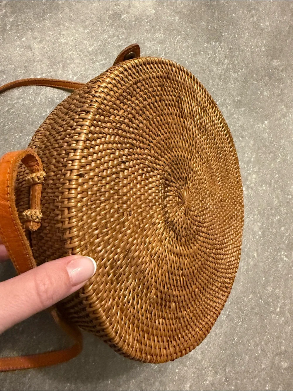 Like New - Handwoven Round Rattan Bag Leather Strap